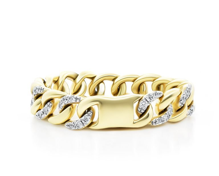 Anillo Cubana Diamond Oro Amarillo 18k, con 54 Diamantes que suman 19 pt. Talla 12